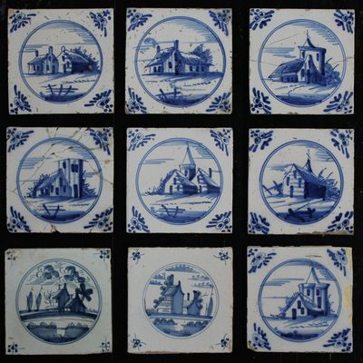 A set of 19 Dutch Delft blue and white tiles with various designs, 17th/18th C.