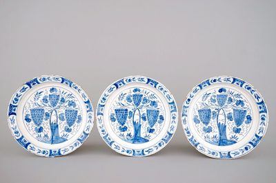 A set of 3 Dutch Delft blue and white dishes with grape vines, 18th C.