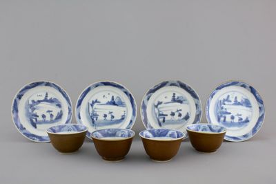 A set of 4 blue and white Chinese shipwreck porcelain cups and saucers, 18th C.