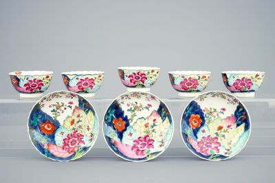 A set of 5 Chinese famille rose cups and 3 saucers with “tobacco leaf” design, Qianlong, 18th C.
