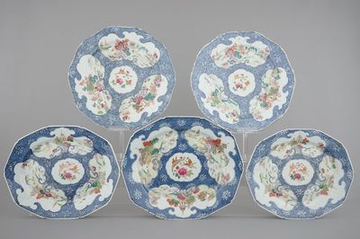 A set of 5 large octagonal famille rose dishes with landscapes on a blue swirl ground, Qianlong, 18th C.