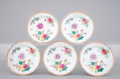 A set of 5 perfect famille rose floral plates, Qianlong, 18th C