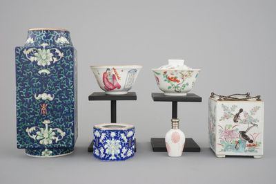 A set of 6 Chinese 19/20th C.porcelain items: a cong vase, a snuff bottle, two bowls and two brush washers