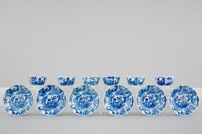 A set of 6 Chinese blue and white cups and saucers, Kangxi, ca. 1700