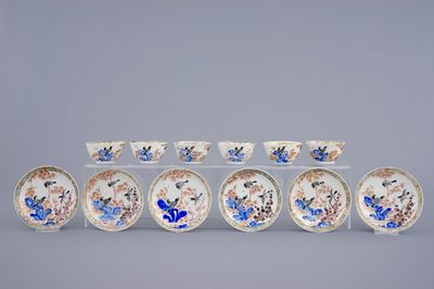 A set of 6 Chinese cups and saucers with birds among bamboo, Yongzheng/Qianlong, 18th C.