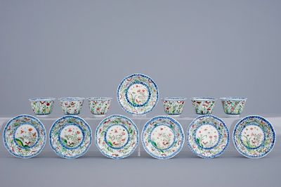 A set of 6 Chinese famille verte cups and 7 saucers with roosters, Kangxi