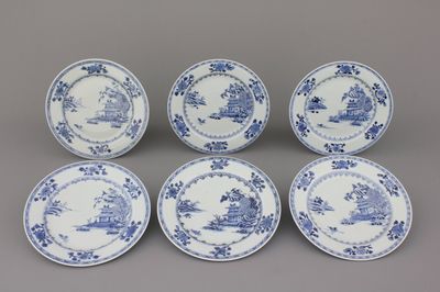 A set of 6 Chinese porcelain blue and white plates with landscape decoration, 18th C.