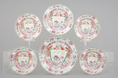 A set of 6 large Chinese famille rose export porcelain plates with phoenix with scroll design, Qianlong, 18th C.