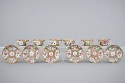 A set of 6 large lobed Chinese Canton rose medallion armorial cups and saucers, 19th C.
