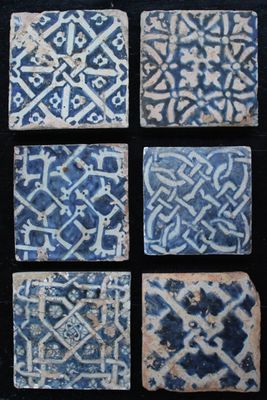 A set of 6 Manises blue and white tiles 15th C.