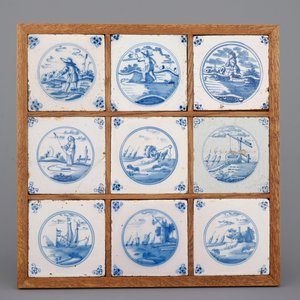 A set of 9 Dutch Delft blue and white framed tiles, 18/19th C. — 照片 1