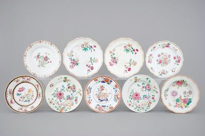 A set of 9 famille rose export porcelain plates, Qianlong, 18th C.