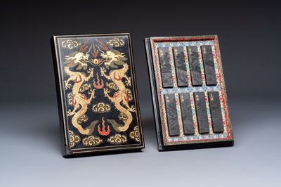 A set of eight Chinese 'Yu Zhi Min Sheng Zai Qin Shi 御製民生在勤詩' ink cakes with a gilt-lacquered 'dragon' box, Hu Kaiwen 胡開文 mark, 20th C.