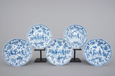 A set of five blue and white plates with ladies in a garden, Kangxi, ca. 1700