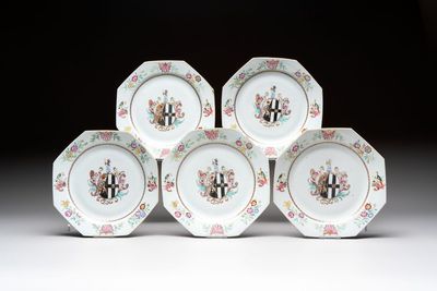 A set of five Chinese famille rose armorial plates with the arms of Simpson impaling Brydges for the English market, Qianlong, ca. 1760