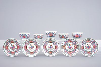 A set of five Chinese famille rose cups and saucers, Qianlong