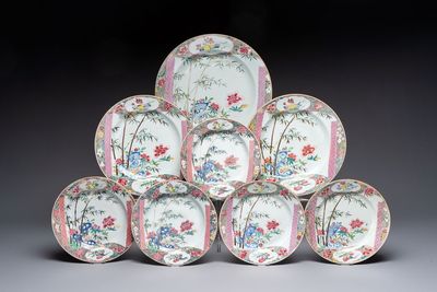 A set of five Chinese famille rose 'floral scroll painting' plates and three dishes, Qianlong
