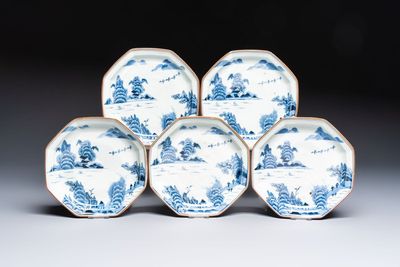 A set of five Japanese Arita blue and white octagonal tea ceremony plates with riverscape design, Edo, 18th C.