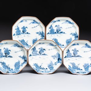 A set of five Japanese Arita blue and white octagonal tea ceremony plates with riverscape design, Edo, 18th C. — photo 1