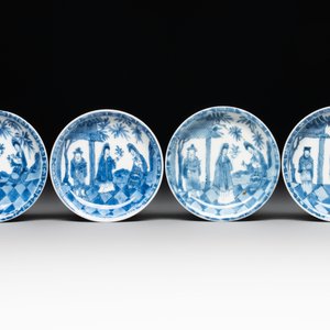 A set of four Chinese blue and white 'Sense of Smell' cups and saucers, artemisia leaf mark, Kangxi — foto 2