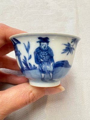 A set of four Chinese blue and white 'Sense of Smell' cups and saucers, artemisia leaf mark, Kangxi — photo 14