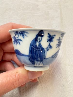 A set of four Chinese blue and white 'Sense of Smell' cups and saucers, artemisia leaf mark, Kangxi — photo 15