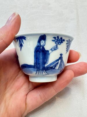 A set of four Chinese blue and white 'Sense of Smell' cups and saucers, artemisia leaf mark, Kangxi — photo 21