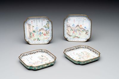 A set of four Chinese Canton enamel square saucers with figural design, Shang Xin 賞心 mark, Yongzheng/Qianlong