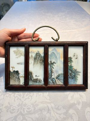 A set of four Chinese famille rose 'Landscape' plaques mounted in a wooden frame, signed Wang Yunquan 王雲泉, together with four plaques, 20th C. — photo 1