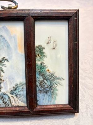 A set of four Chinese famille rose 'Landscape' plaques mounted in a wooden frame, signed Wang Yunquan 王雲泉, together with four plaques, 20th C. — photo 5