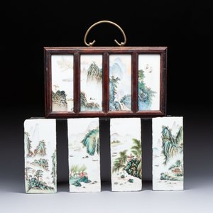 A set of four Chinese famille rose 'Landscape' plaques mounted in a wooden frame, signed Wang Yunquan 王雲泉, together with four plaques, 20th C. — photo 2