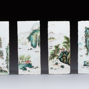 A set of four Chinese famille rose 'Landscape' plaques mounted in a wooden frame, signed Wang Yunquan 王雲泉, together with four plaques, 20th C. — photo 3