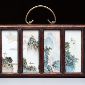 A set of four Chinese famille rose 'Landscape' plaques mounted in a wooden frame, signed Wang Yunquan 王雲泉, together with four plaques, 20th C. — photo 5