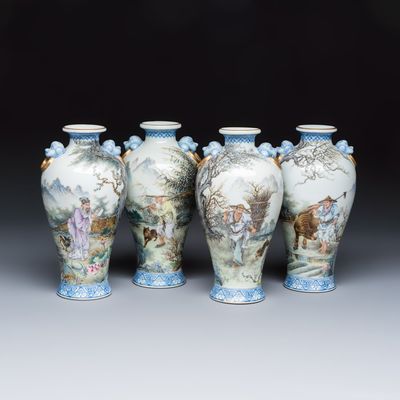 A set of four Chinese famille rose 'Yu Qiao Geng Du 漁樵耕讀' vases, signed Wang Dafan 王大凡, dated 1952
