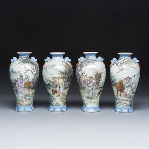 A set of four Chinese famille rose 'Yu Qiao Geng Du 漁樵耕讀' vases — photo 2
