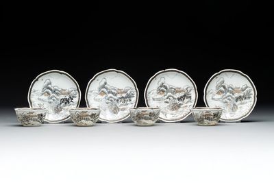 A set of four Chinese gilt-decorated grisaille 'landscape' cups and saucers, Yongzheng/Qianlong