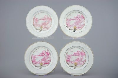 A set of four Chinese pink landscape on bianco sopra bianco border plates, Qianlong, 18th C.