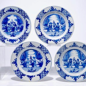 A set of nine Dutch Delft blue and white plates with a couple in a landscape, 18th C. — 照片 4