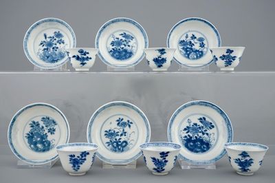 A set of six Chinese blue and white cups and saucers, Kangxi