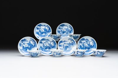 A set of six Chinese blue and white cups and saucers, Qing Yu Tang 青玉堂 and Lin Yu Tang 琳玉堂 marks, Kangxi