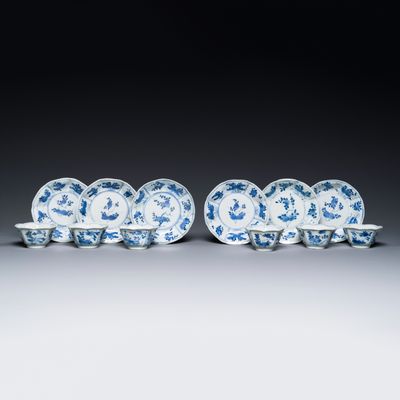 A set of six Chinese blue and white flower-shaped 'sanduo' cups and saucers, lingzhi mark, Kangxi, lingzhi mark, Kangxi
