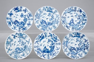 A set of six Chinese blue and white plates with bird and flowers, Kangxi, ca. 1700