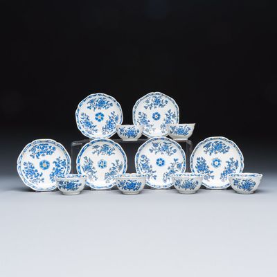 A set of six Chinese blue-enamelled and gilt-decorated tea bowls and saucers with floral design, Qianlong