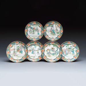A set of six Chinese Canton famille verte plates with narrative design — photo 1