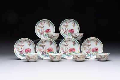 A set of six Chinese famille rose 'birds among flowering branches' cups and saucers, Yongzheng/Qianlong
