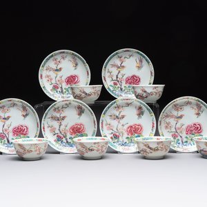A set of six Chinese famille rose 'birds among flowering branches' cups and saucers, Yongzheng/Qianlong — photo 1