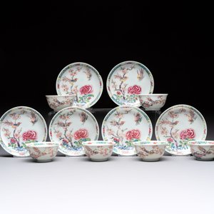 A set of six Chinese famille rose 'birds among flowering branches' cups and saucers, Yongzheng/Qianlong — photo 2