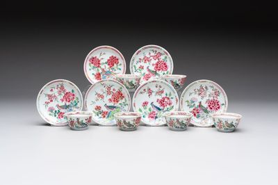 A set of six Chinese famille rose 'peacock' cups and saucers, Yongzheng