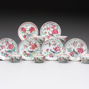 A set of six Chinese famille rose 'peacock' cups and saucers, Yongzheng — photo 1