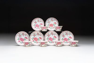 A set of six Chinese famille rose 'peonies' cups and saucers, Yongzheng/Qianlong